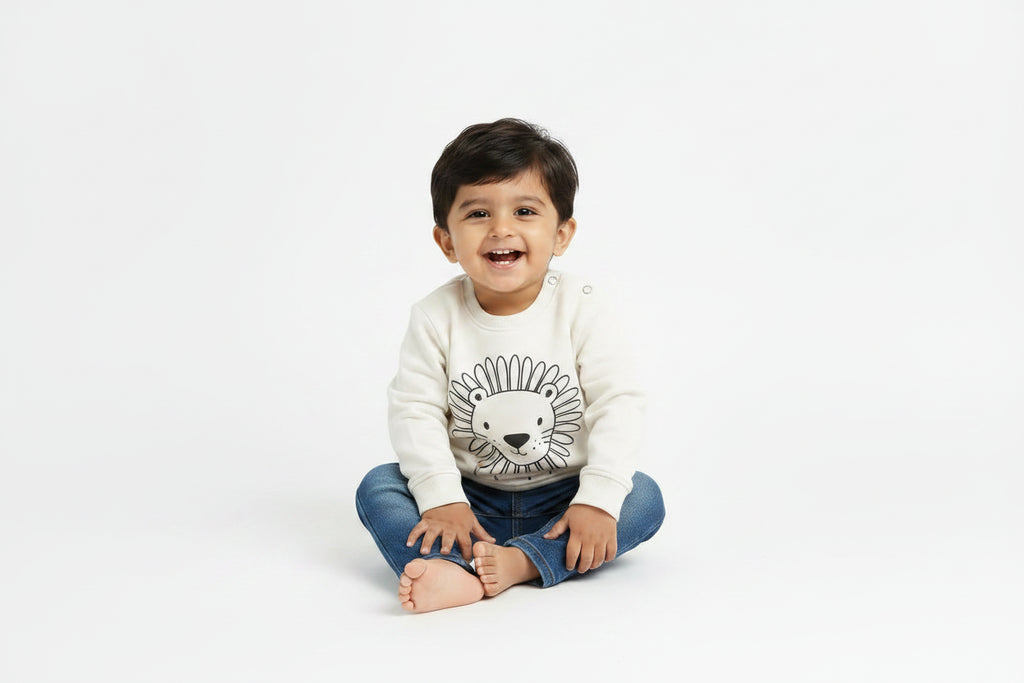 White sweatshirt with a black lion design on a white background