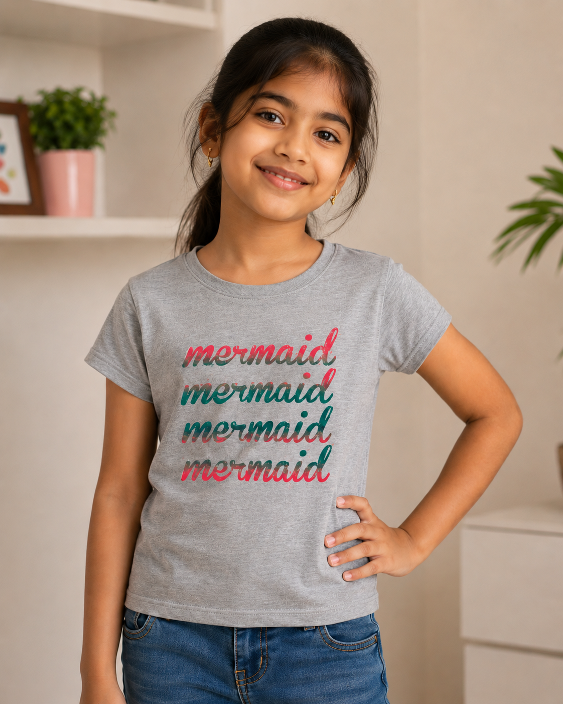 Cotton Light Grey Mermaid Glitter Tee