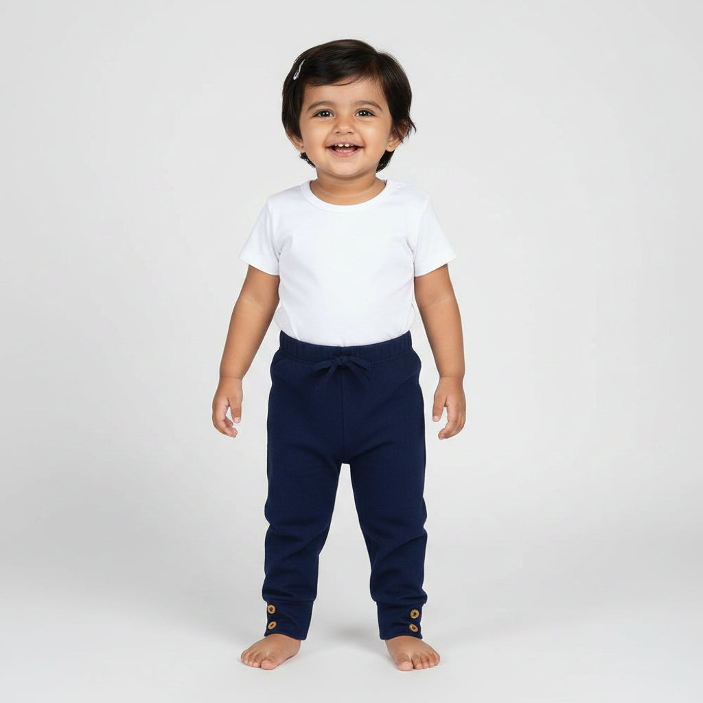 Navy blue baby pants with wooden buttons on a light gray background