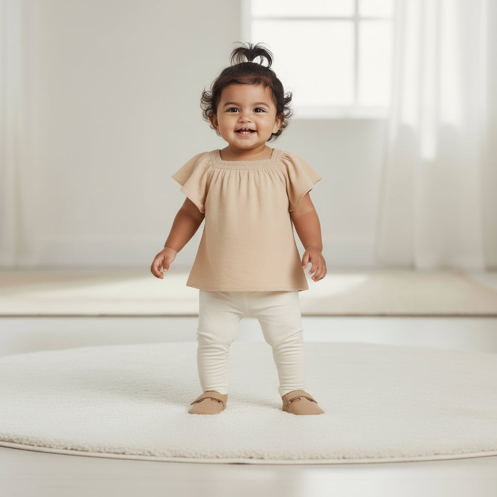 Light Brown Butterfly Sleeve Crinkled Top