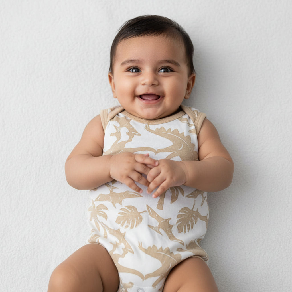 Baby romper with dinosaur pattern on a white background