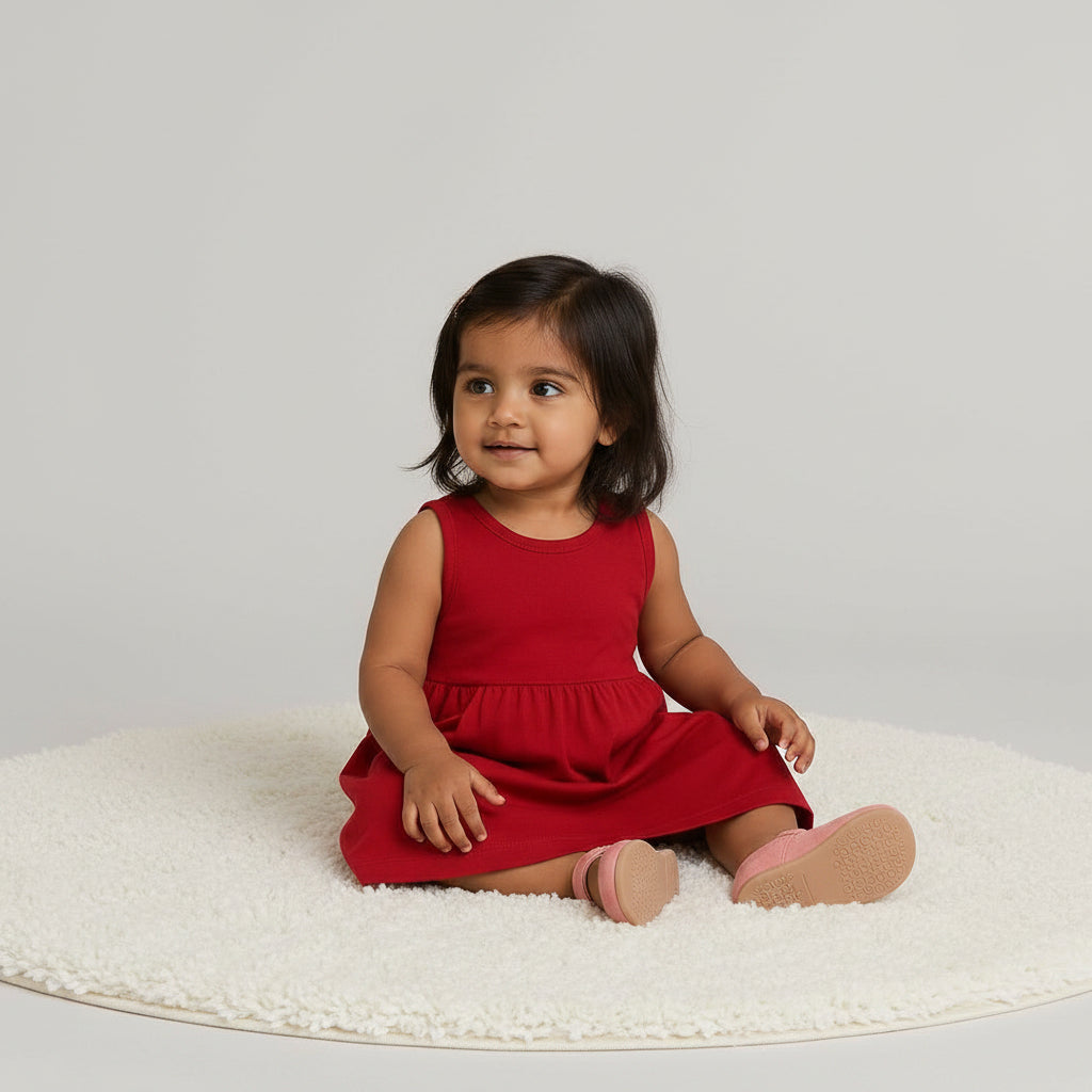 Child wearing a red dress on a plain background