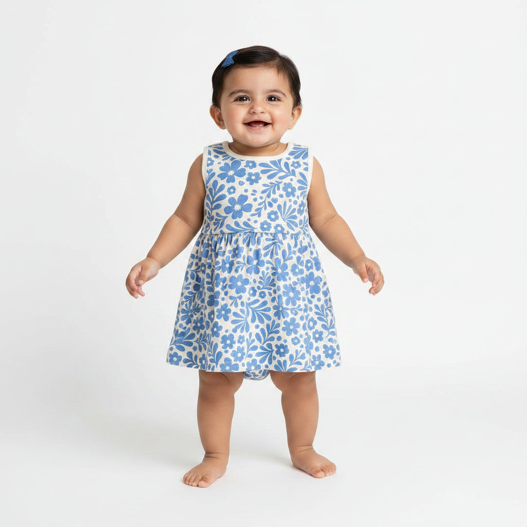 Children's dress with blue floral pattern on a white background