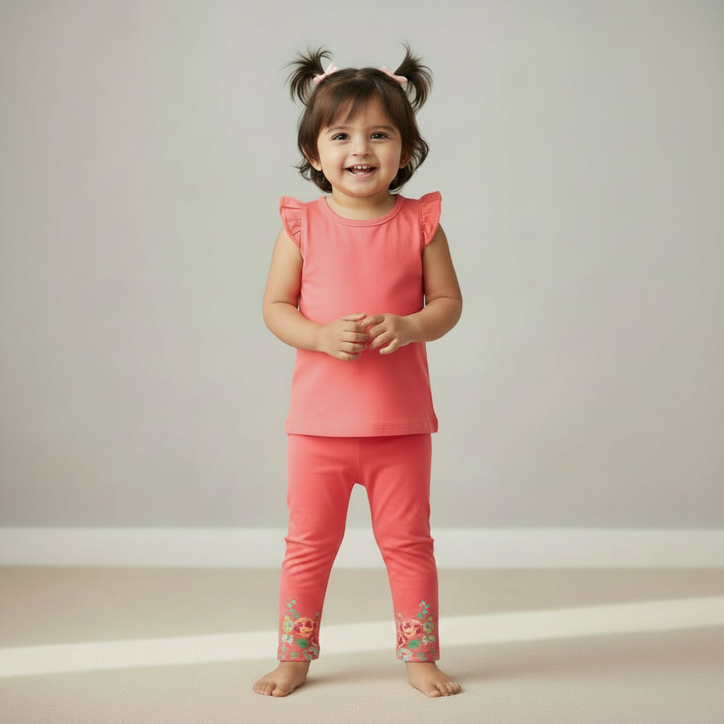 Pink leggings with floral glitter embroidery on a light gray background