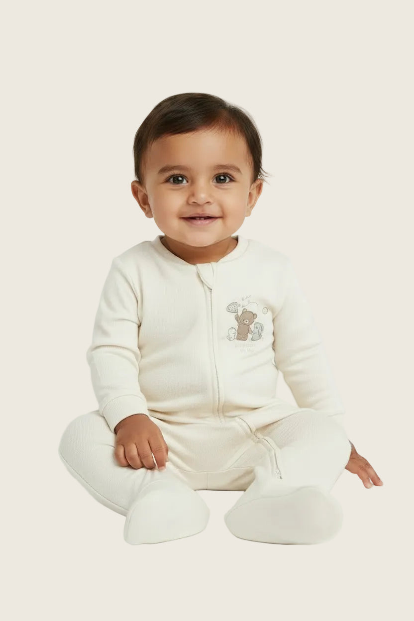 Soft Cotton Beige Double Zip Sleepsuit