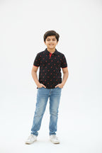 Black polo shirt with red lightning bolt pattern on a white background