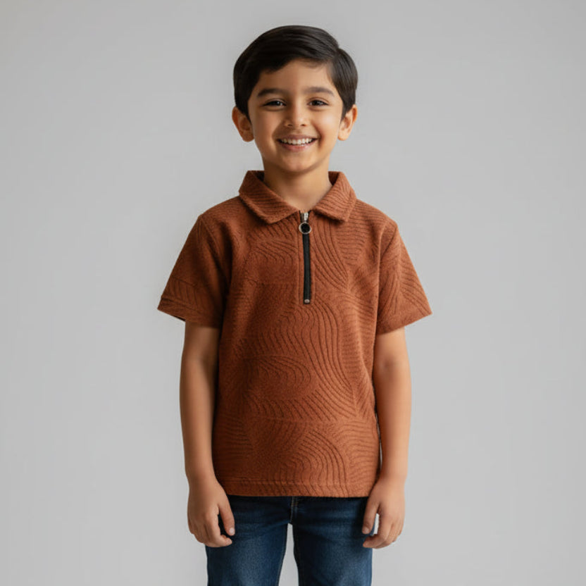 Brown Jacquard Collared Tee