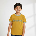 Yellow t-shirt with 'because I'm happy' text embossed on a white background