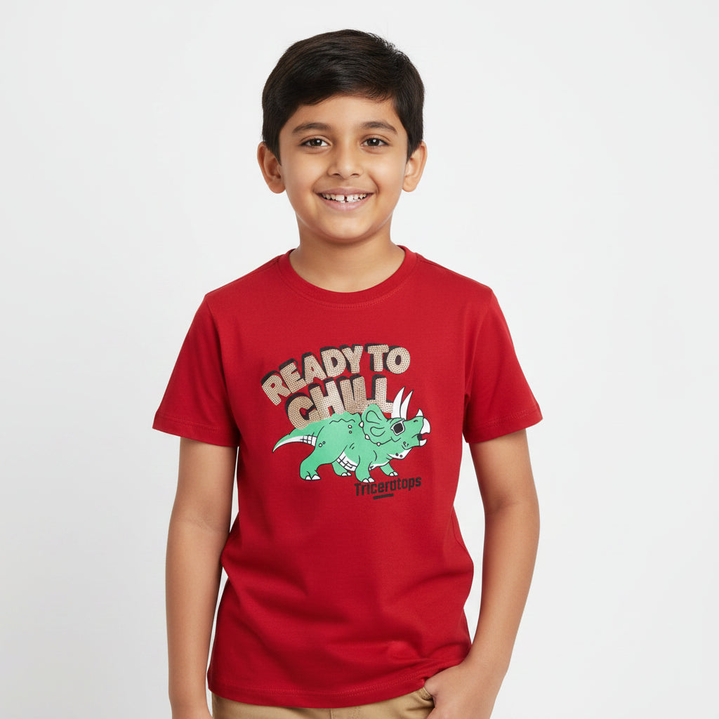 Red t-shirt with dinosaur graphic and text on a white background