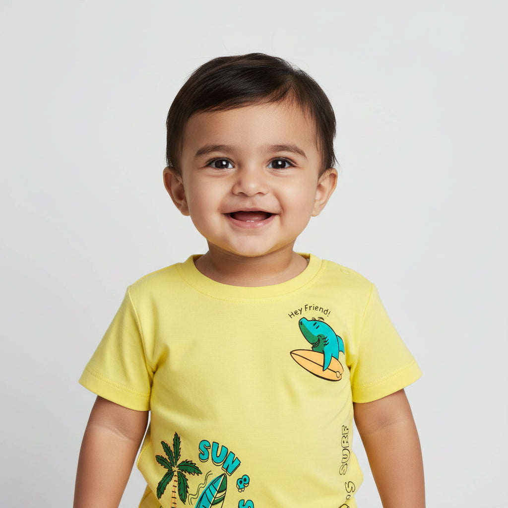 Yellow t-shirt with beach-themed graphics and text on a white background