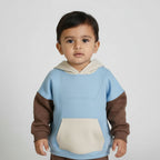 Children's hoodie with blue body, brown sleeves, and beige hood on a white background