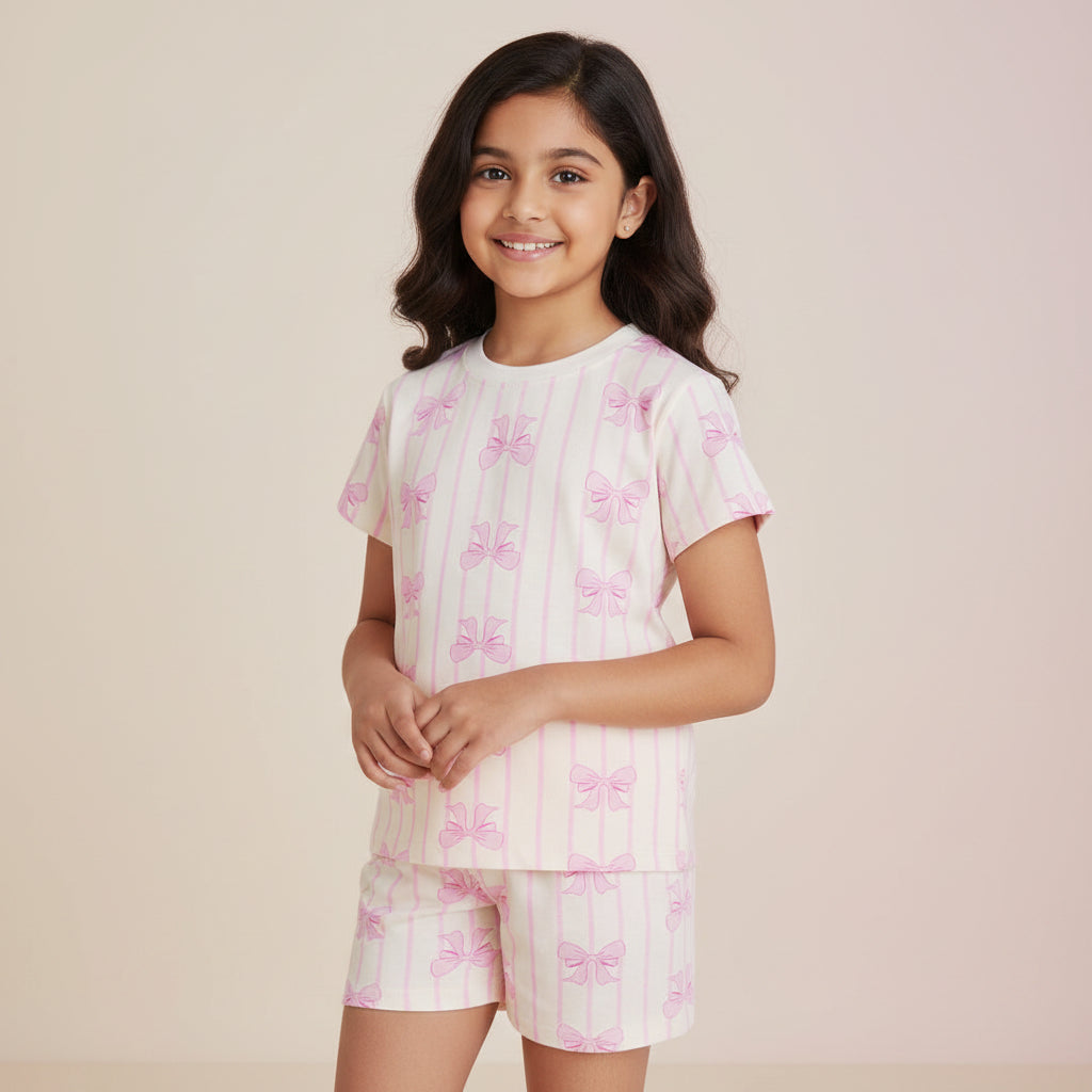 Pink Bow Cotton Shorts Set