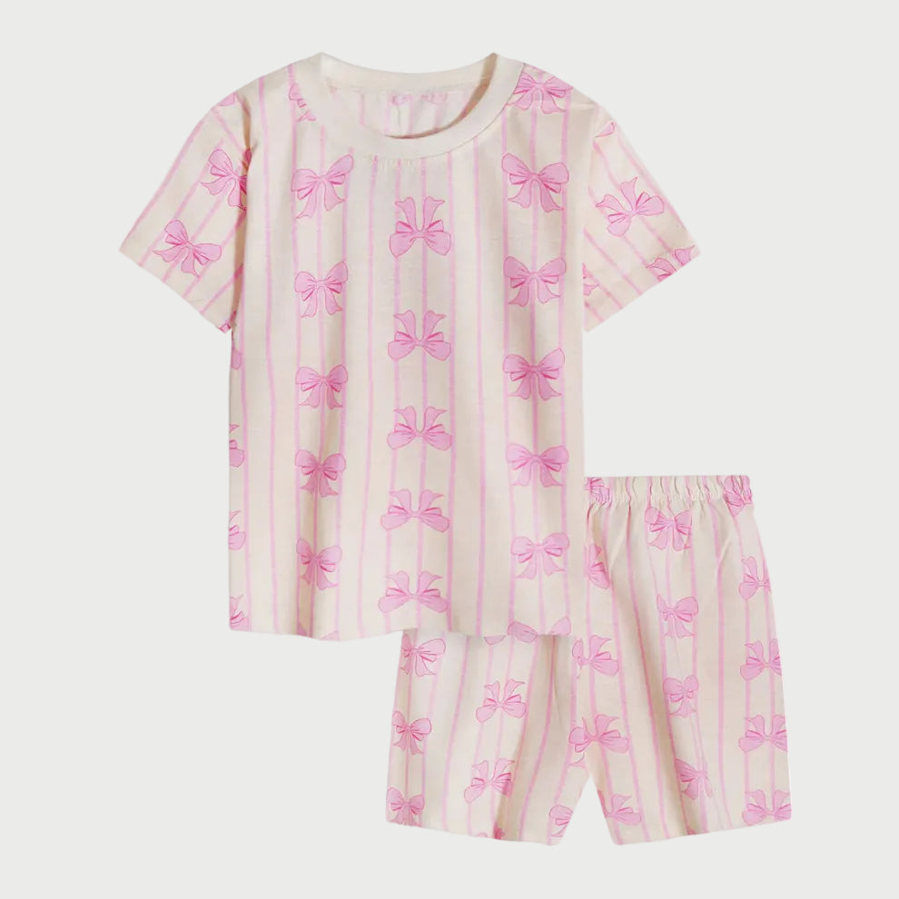 Pink Bow Cotton Shorts Set