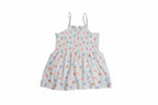 Children's dress with colorful polka dot pattern on a white background