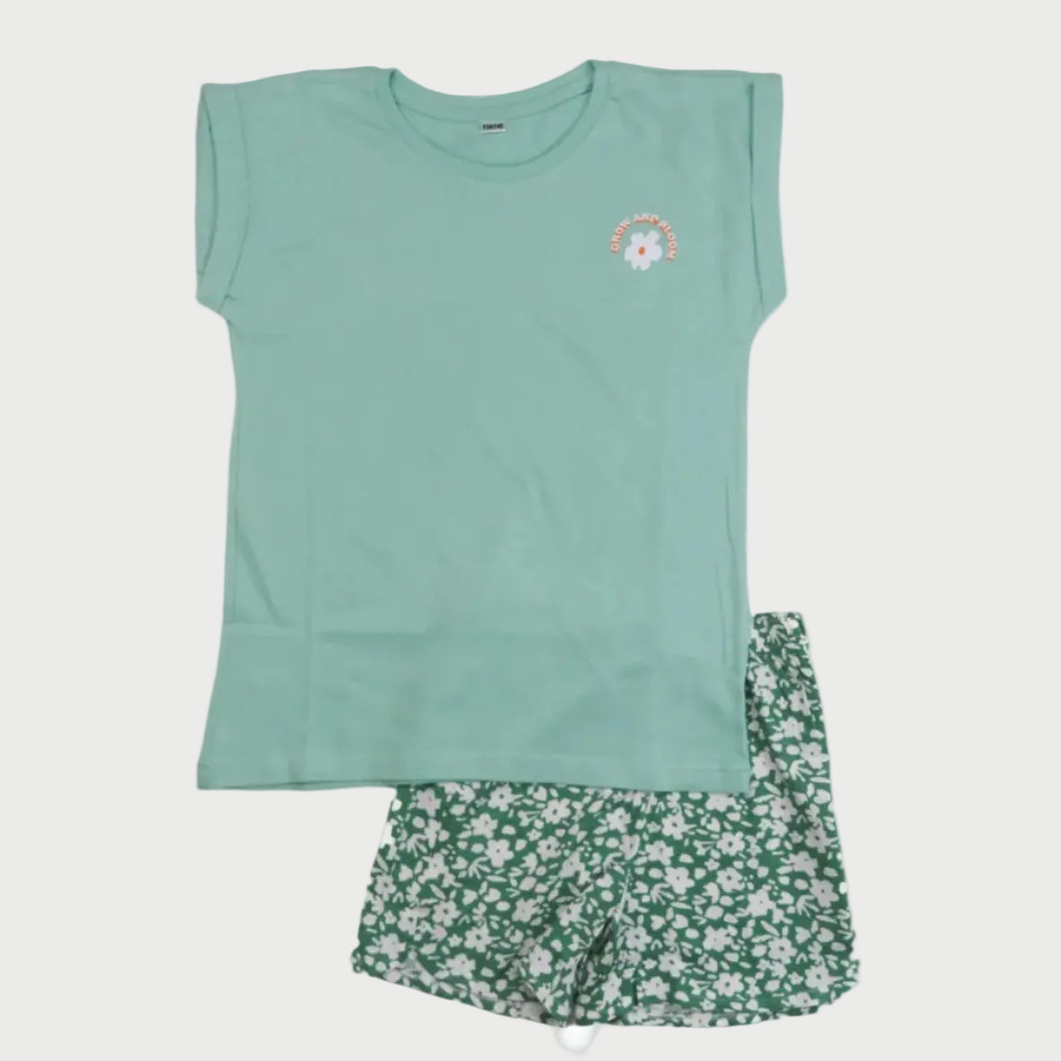 Mint Green Floral Cotton Shorts Set