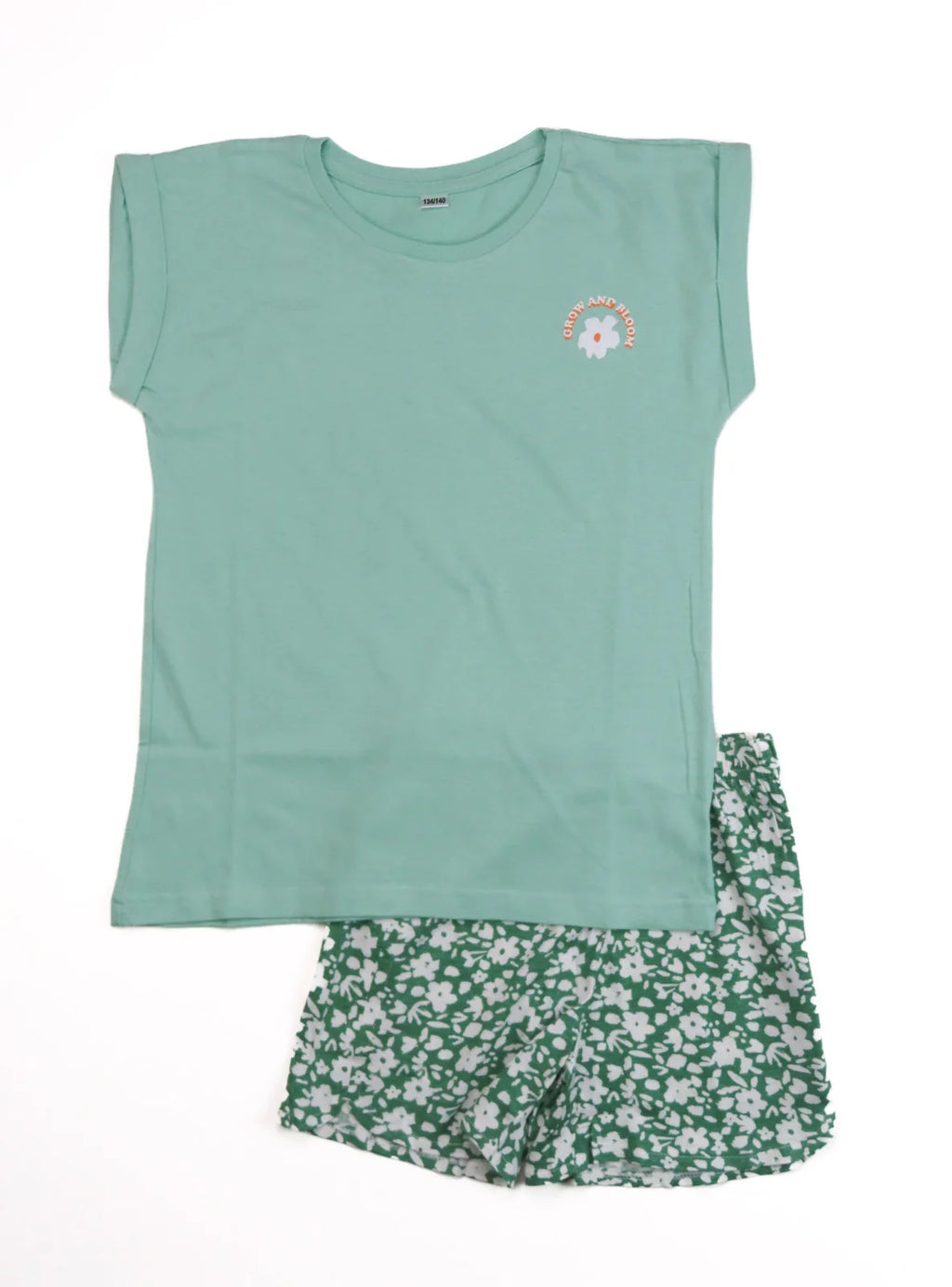 Mint Green Floral Cotton Shorts Set