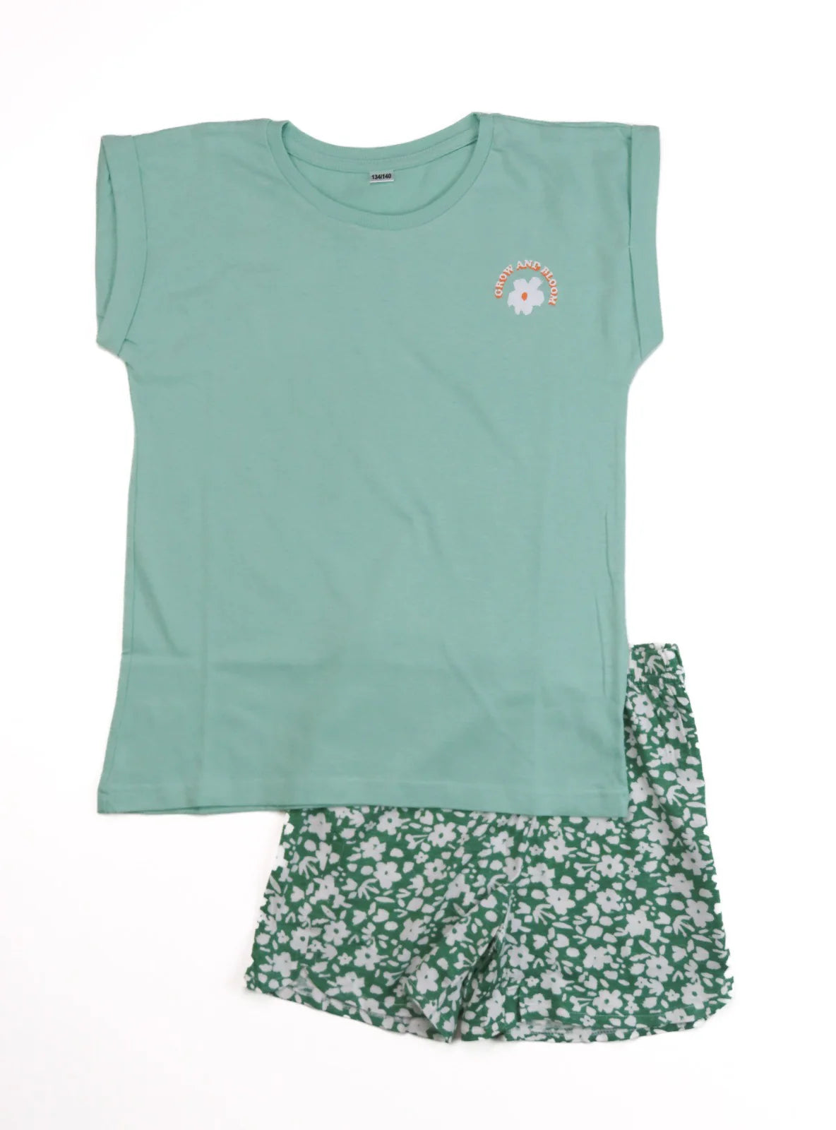 Mint Green Floral Cotton Shorts Set