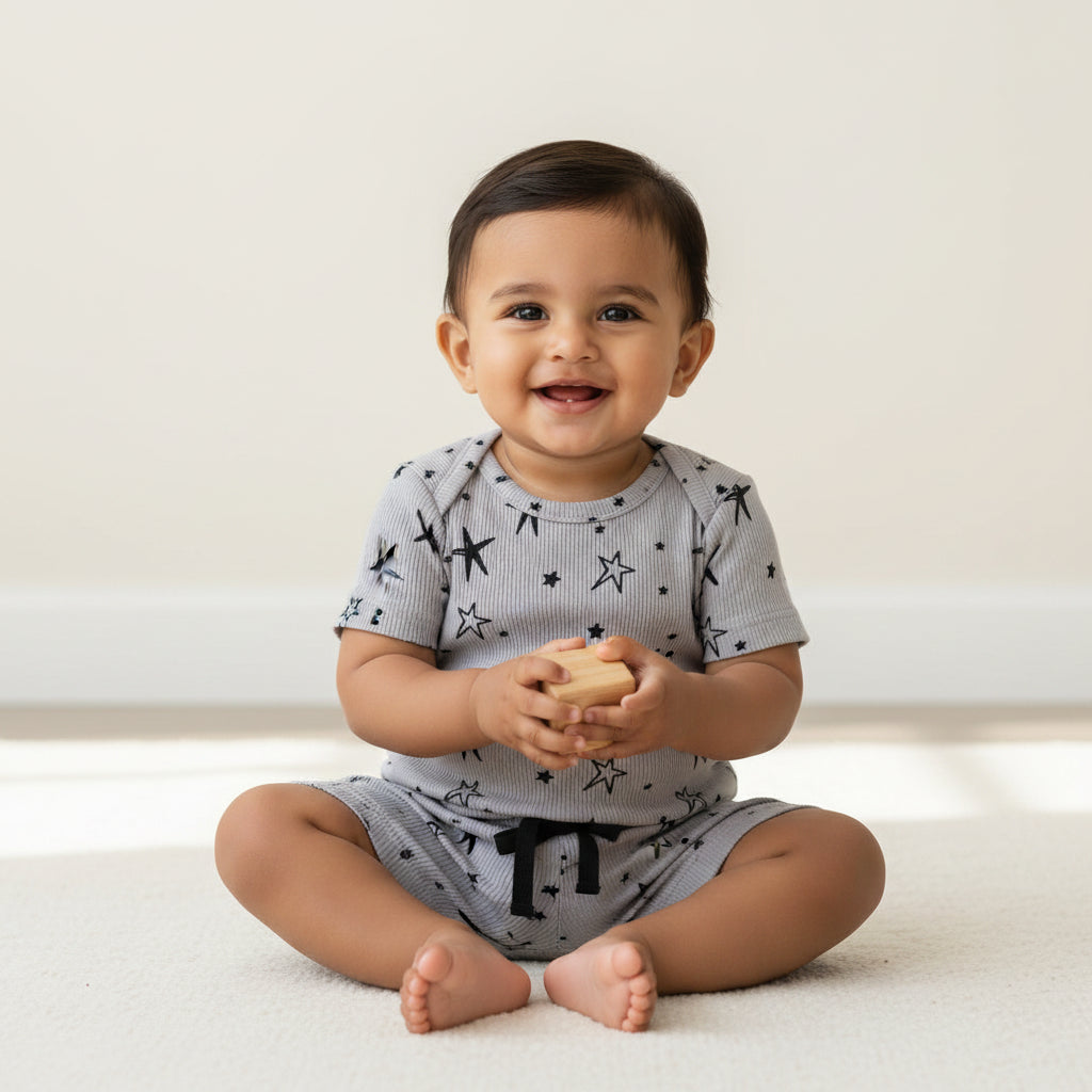 Children's gray outfit with star pattern on a white background