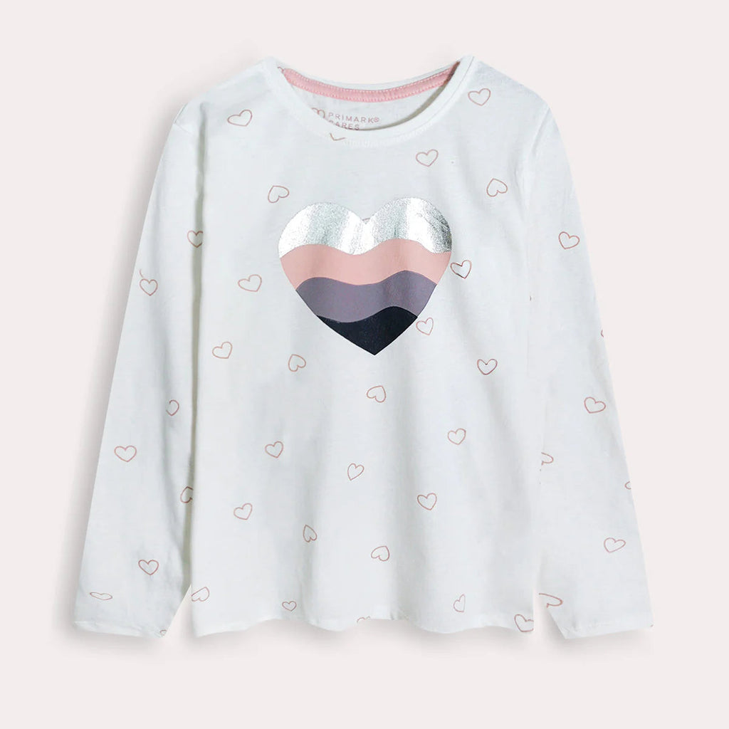 Soft Cotton Full Sleeves Shiny Heart White Tee
