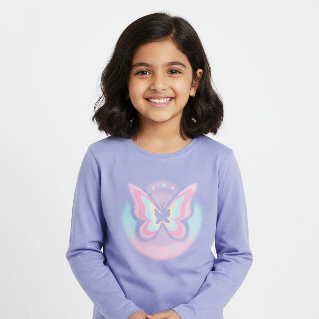 Soft Cotton Full Sleeves Butterfly Lilac Tee