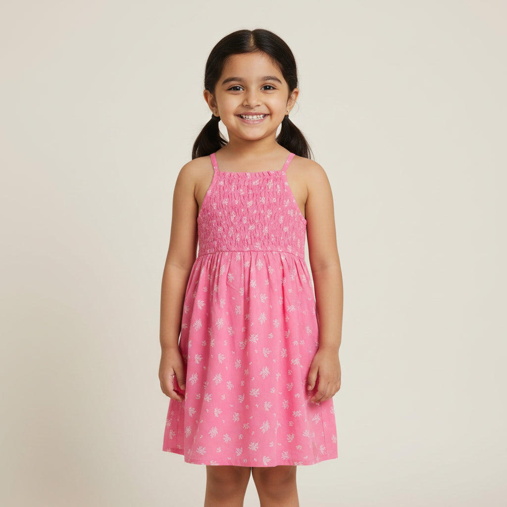Pink floral smocked dress on a white background